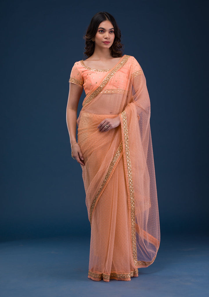 Peach Zariwork Net Saree-Koskii