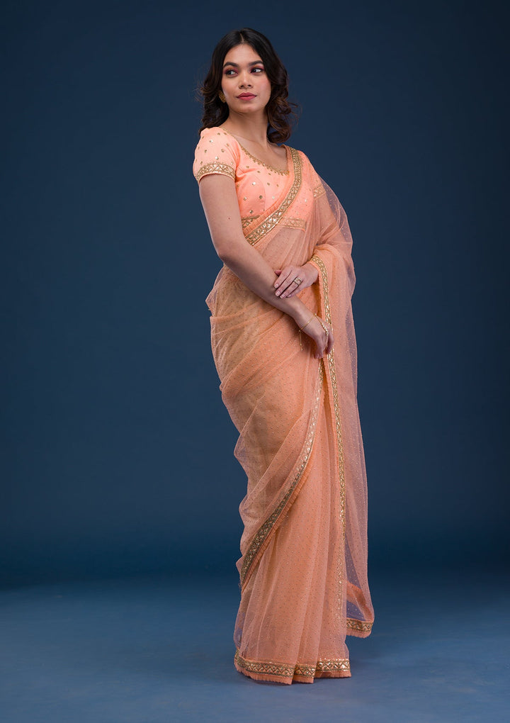 Peach Zariwork Net Saree-Koskii