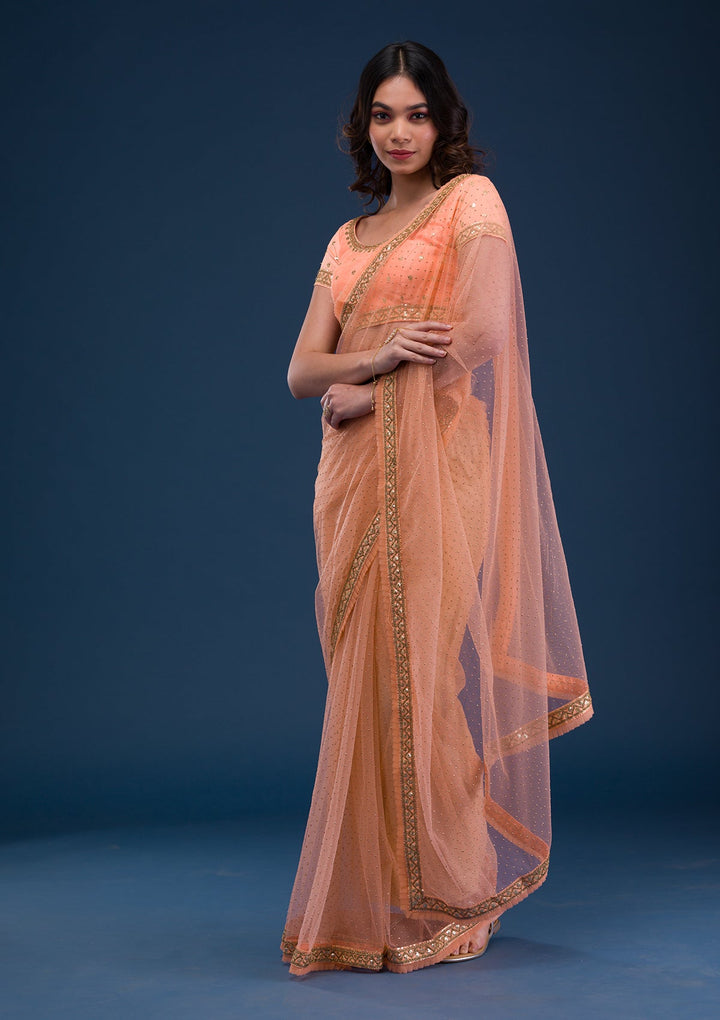 Peach Zariwork Net Saree-Koskii