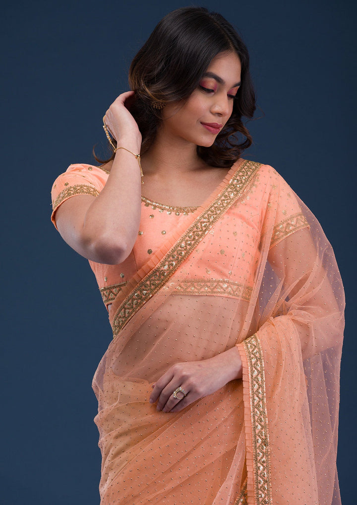 Peach Zariwork Net Saree-Koskii