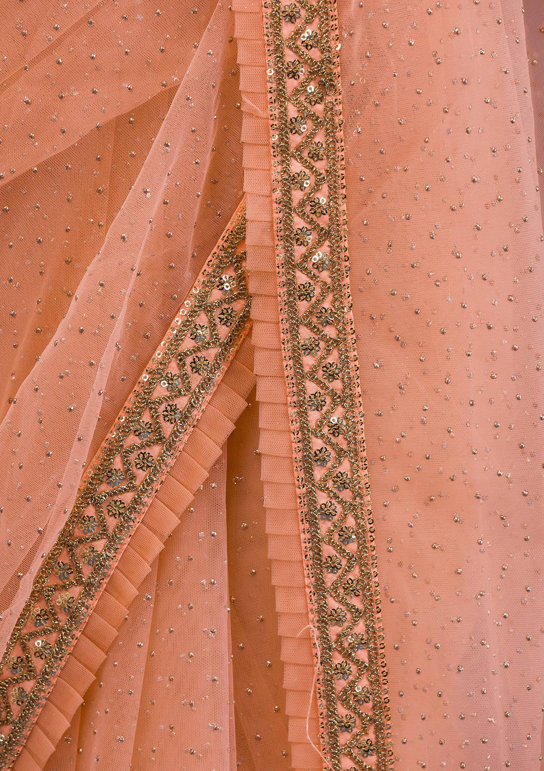 Peach Zariwork Net Saree-Koskii