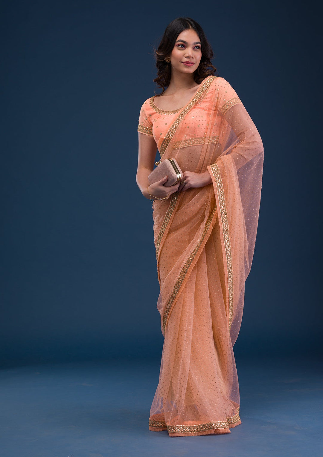 Peach Zariwork Net Saree-Koskii