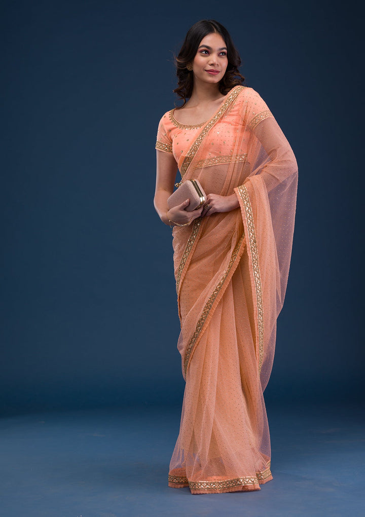 Peach Zariwork Net Saree-Koskii