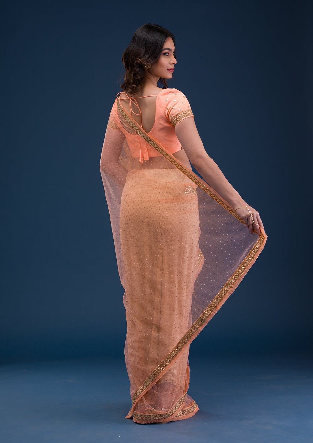 Peach Zariwork Net Saree-Koskii
