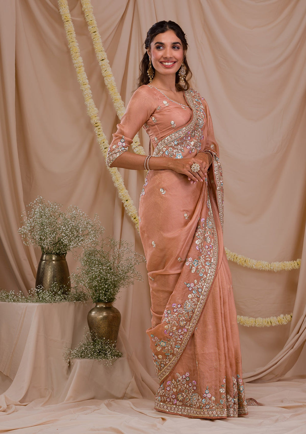 Peach Zariwork Net Saree-Koskii