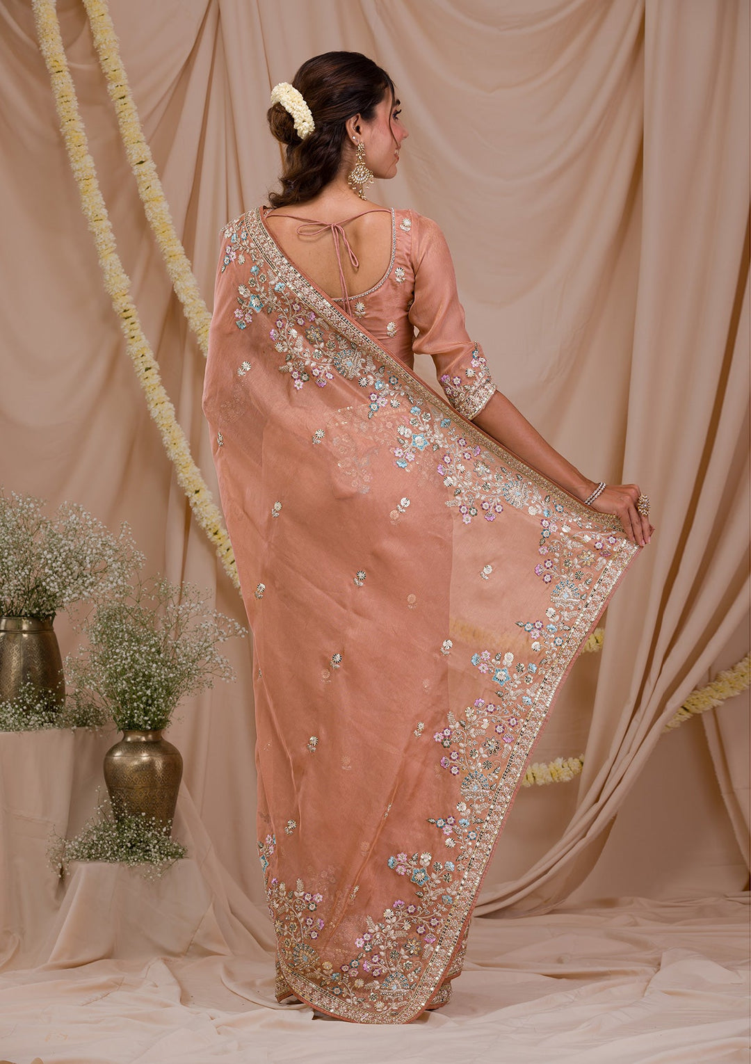 Peach Zariwork Net Saree-Koskii