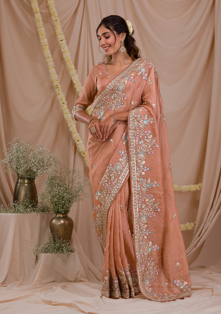 Peach Zariwork Net Saree-Koskii