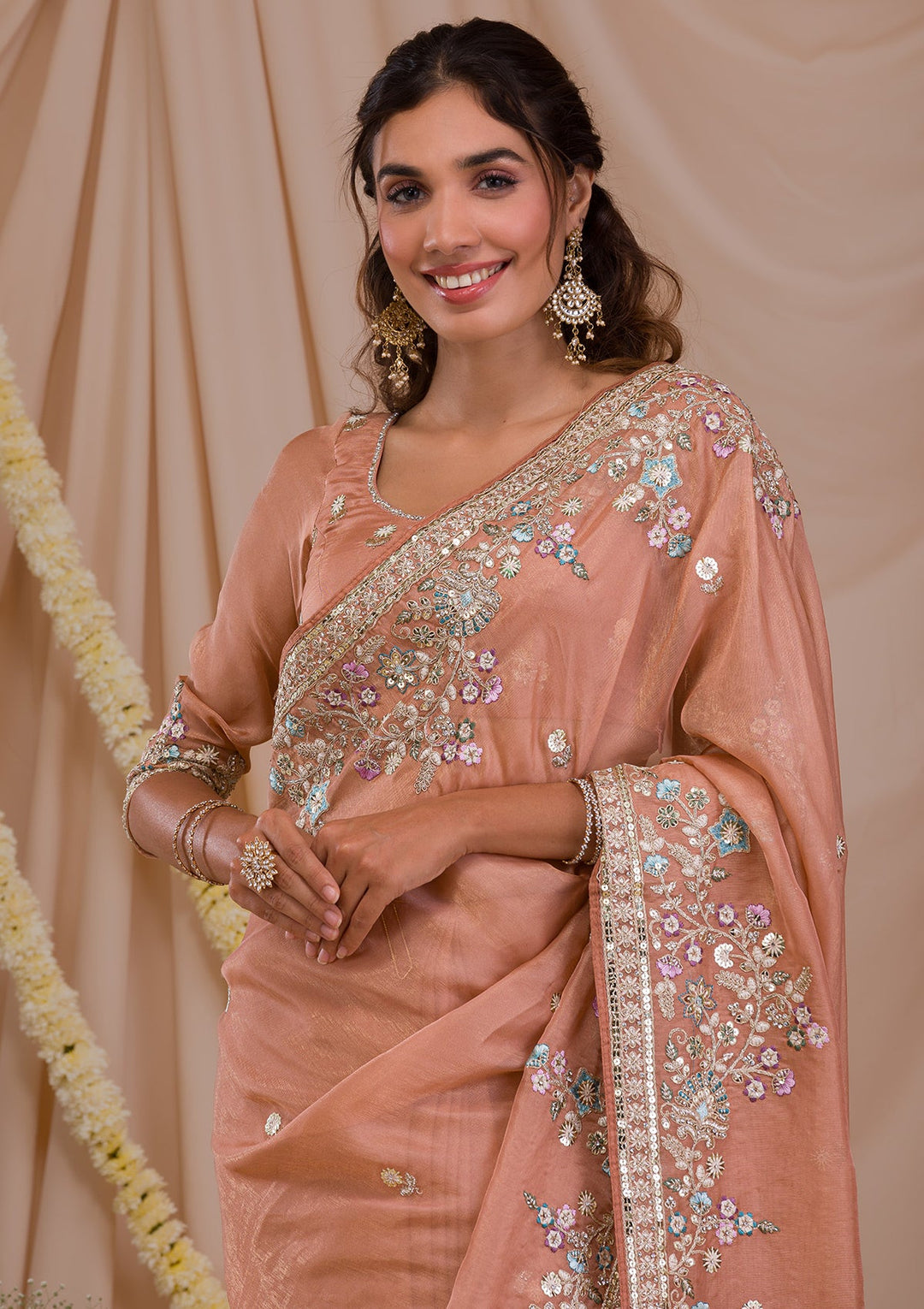 Peach Zariwork Net Saree-Koskii