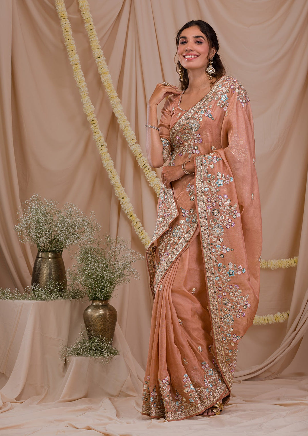 Peach Zariwork Net Saree-Koskii