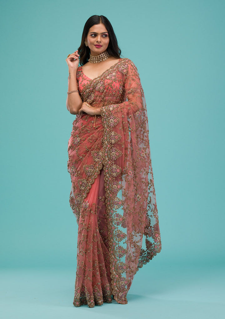 Peach Zariwork Net Saree-Koskii