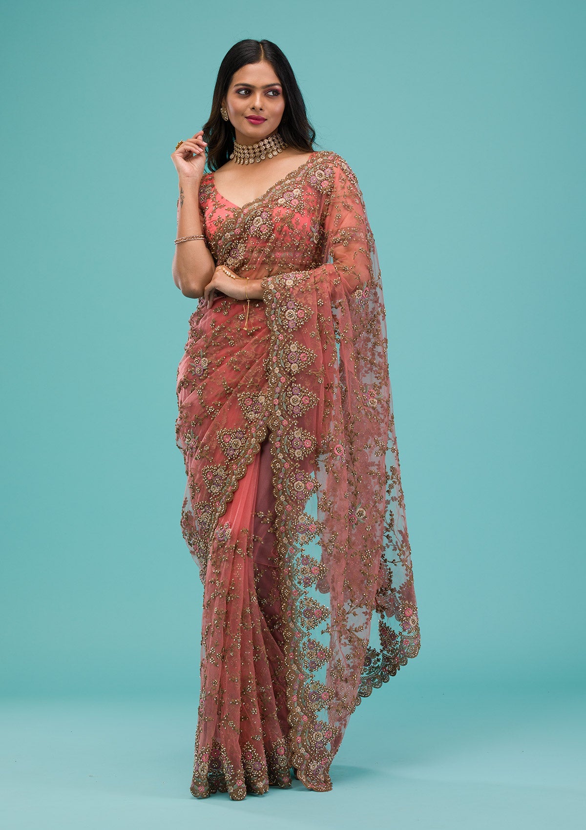 Peach Zariwork Net Saree-Koskii