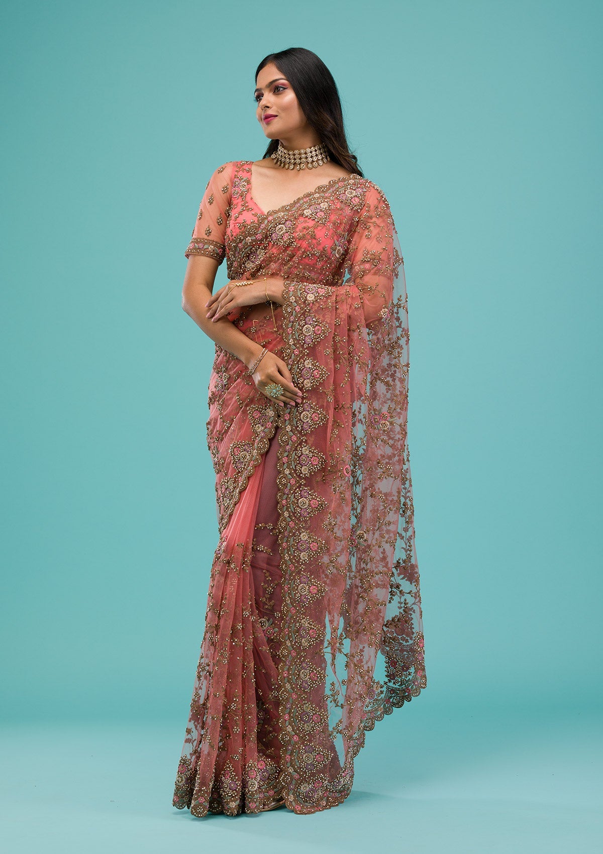 Peach Zariwork Net Saree-Koskii