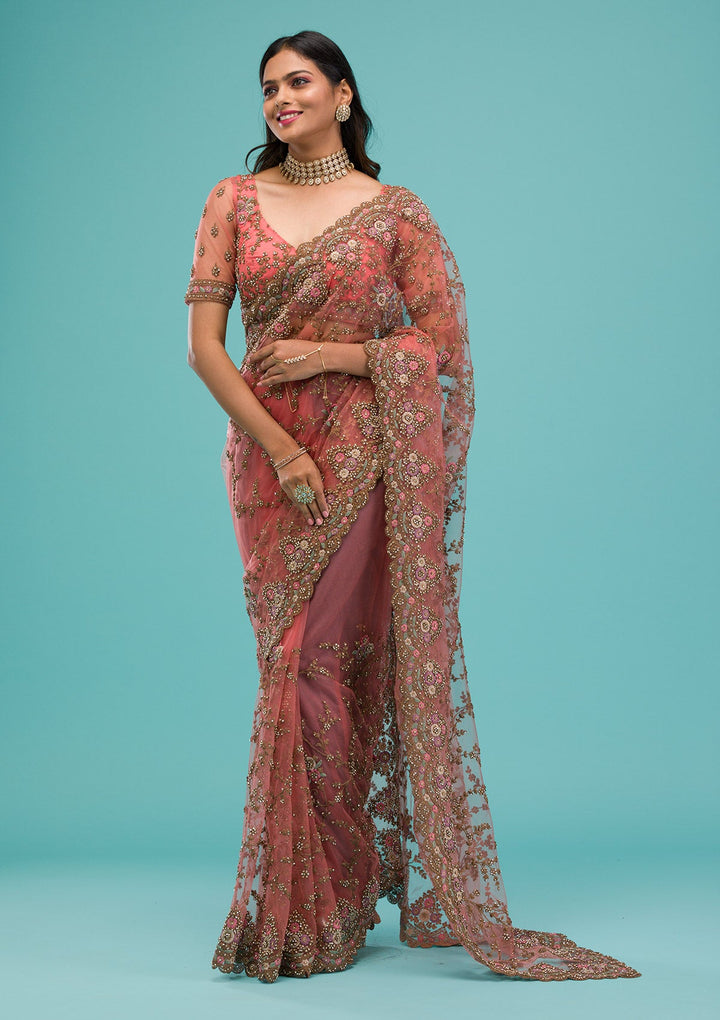 Peach Zariwork Net Saree-Koskii