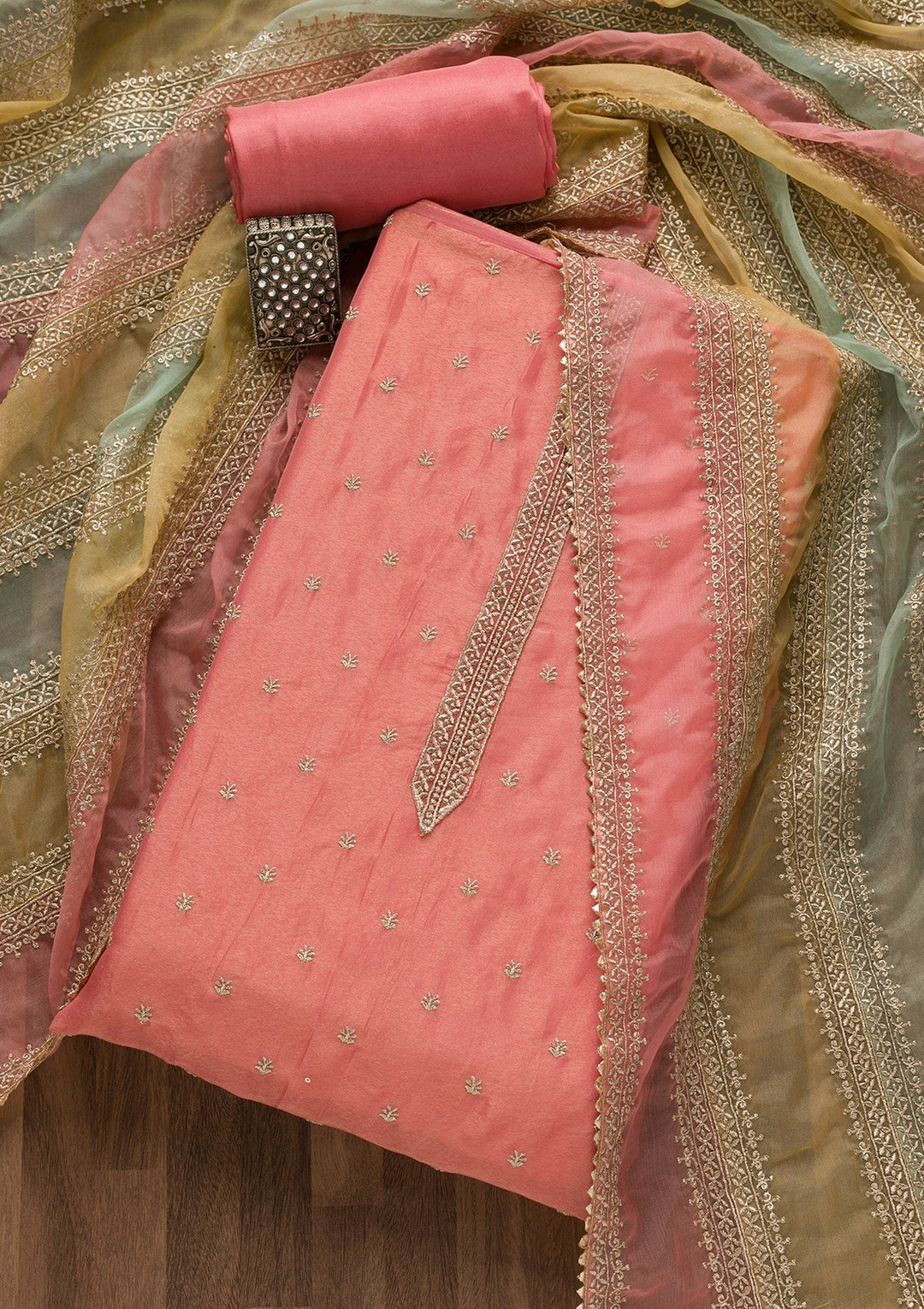 Peach Zariwork Organza Unstitched Salwar Suit-Koskii