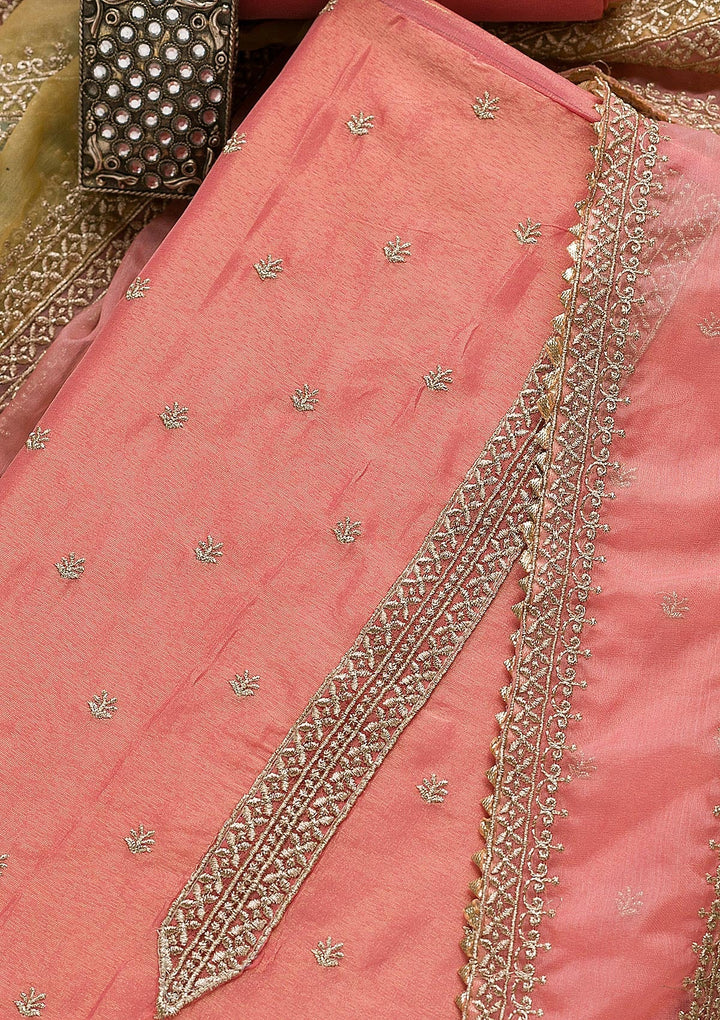 Peach Zariwork Organza Unstitched Salwar Suit-Koskii