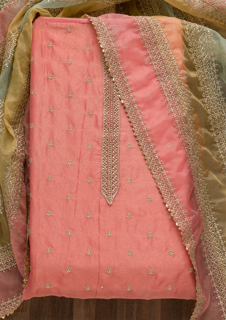 Peach Zariwork Organza Unstitched Salwar Suit-Koskii