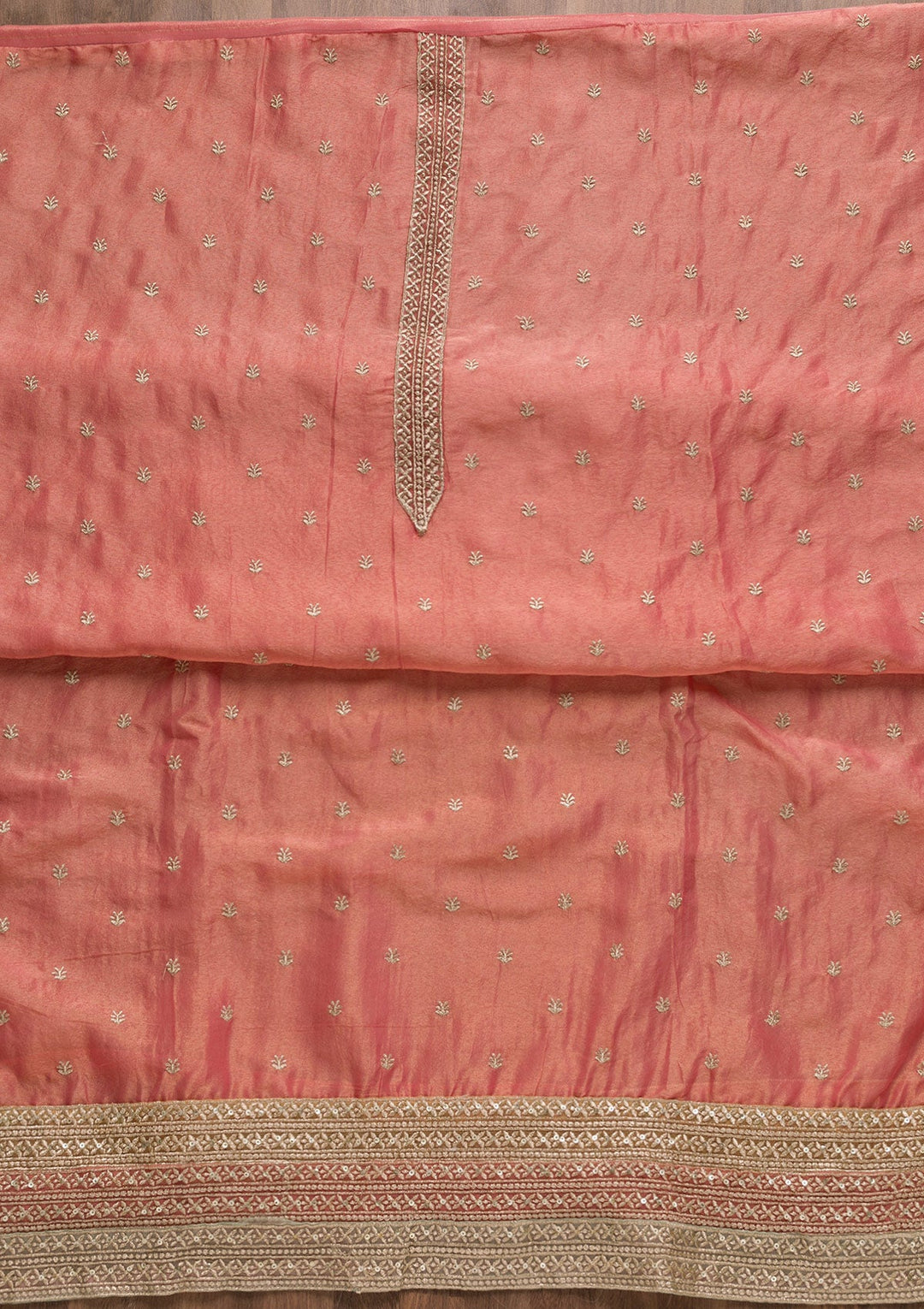 Peach Zariwork Organza Unstitched Salwar Suit-Koskii