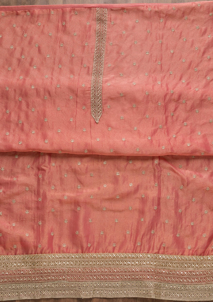 Peach Zariwork Organza Unstitched Salwar Suit-Koskii