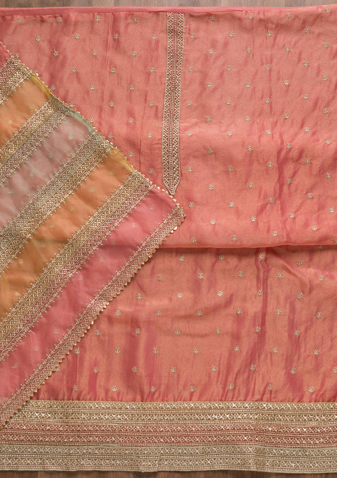 Peach Zariwork Organza Unstitched Salwar Suit-Koskii
