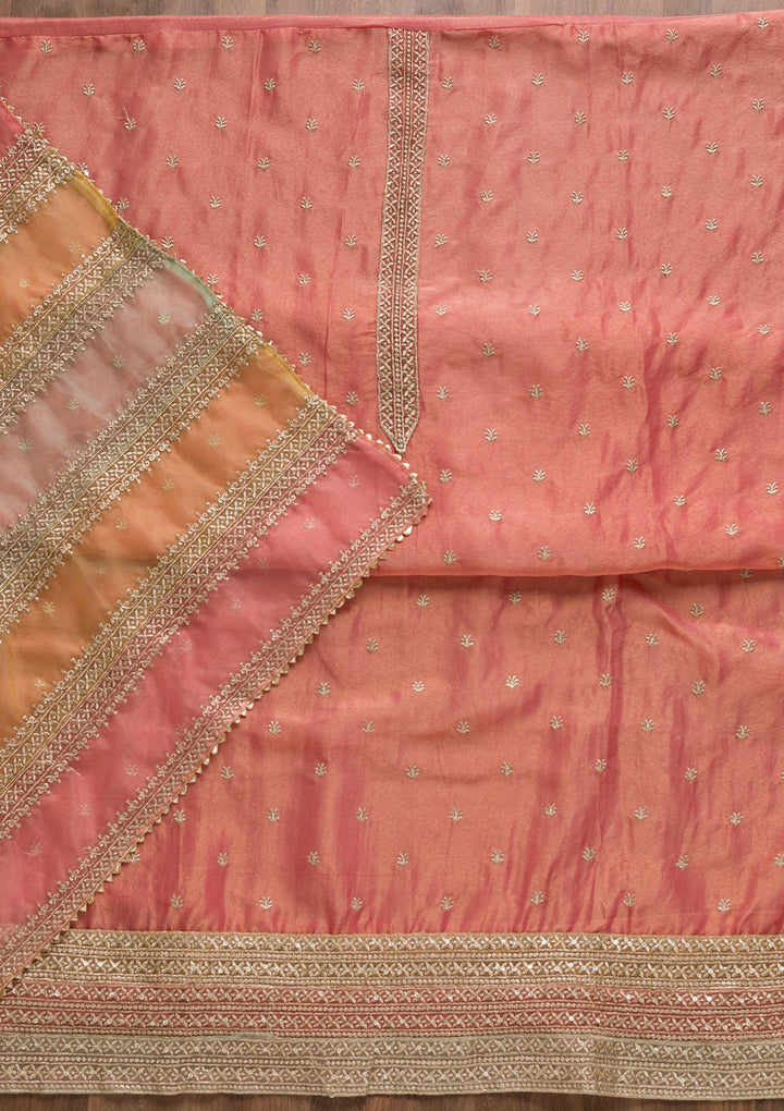 Peach Zariwork Organza Unstitched Salwar Suit-Koskii