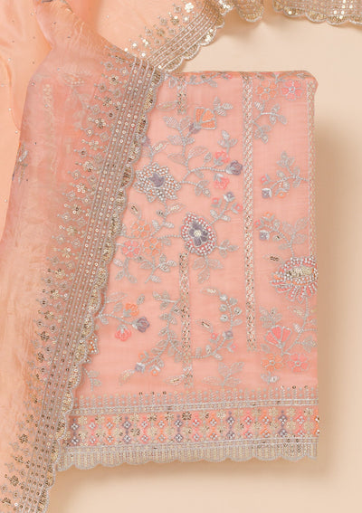 Peach Zariwork Organza Unstitched Salwar Suit-Koskii