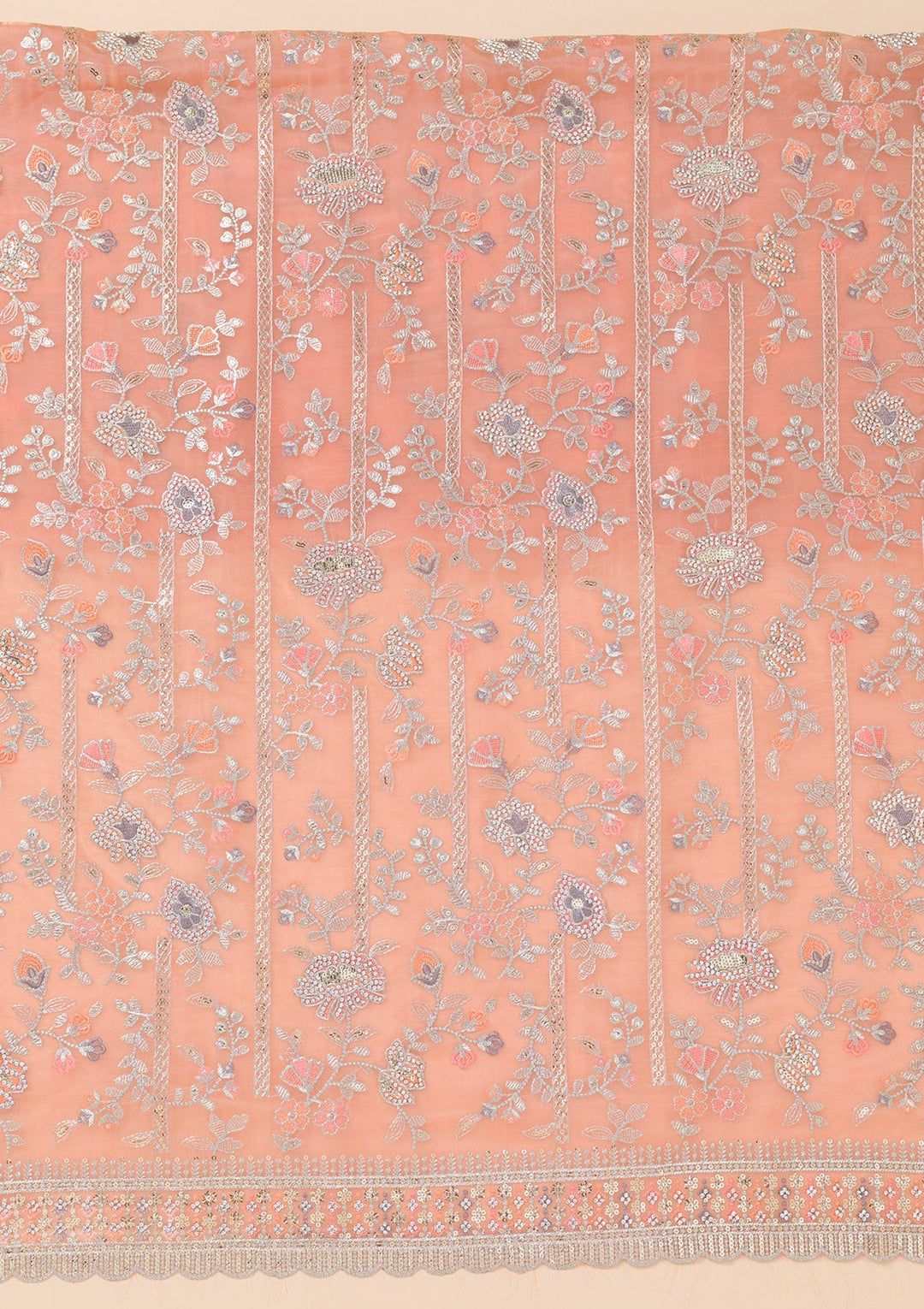 Peach Zariwork Organza Unstitched Salwar Suit-Koskii