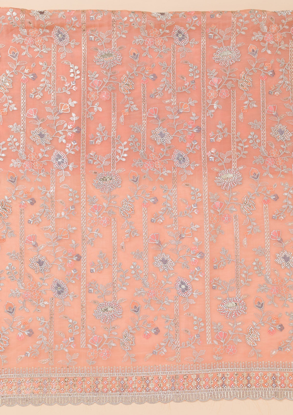 Peach Zariwork Organza Unstitched Salwar Suit-Koskii