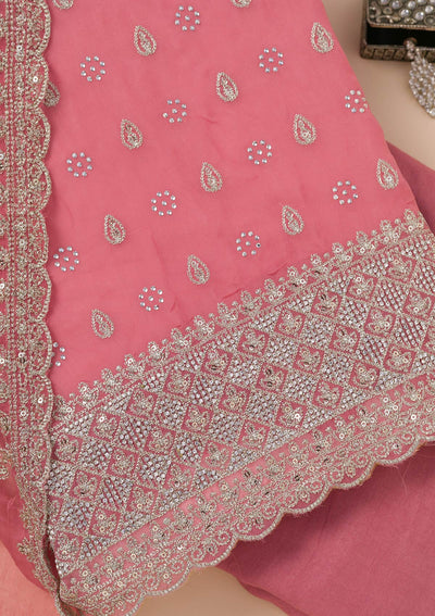 Peach Zariwork Organza Unstitched Salwar Suit-Koskii