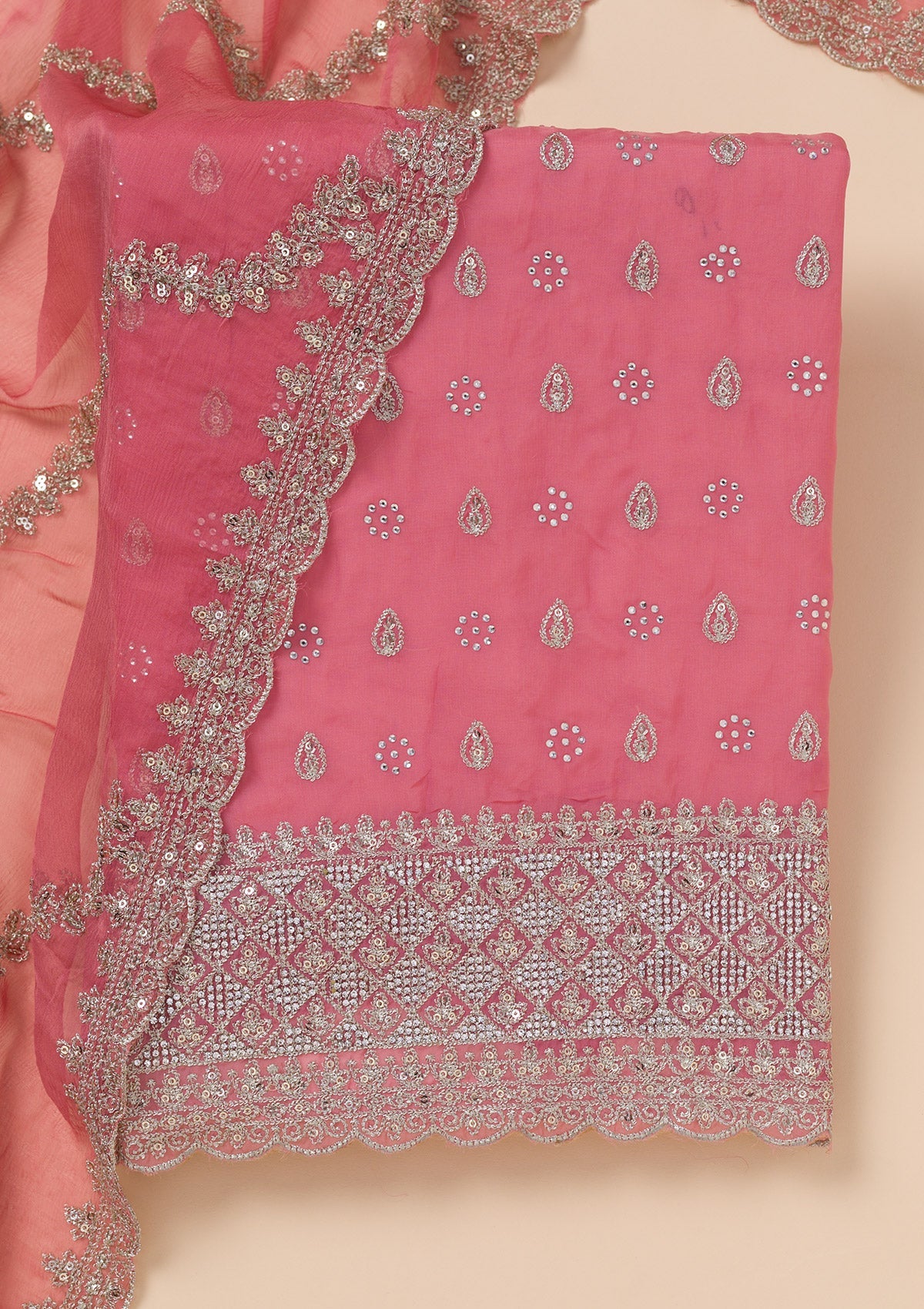 Peach Zariwork Organza Unstitched Salwar Suit-Koskii