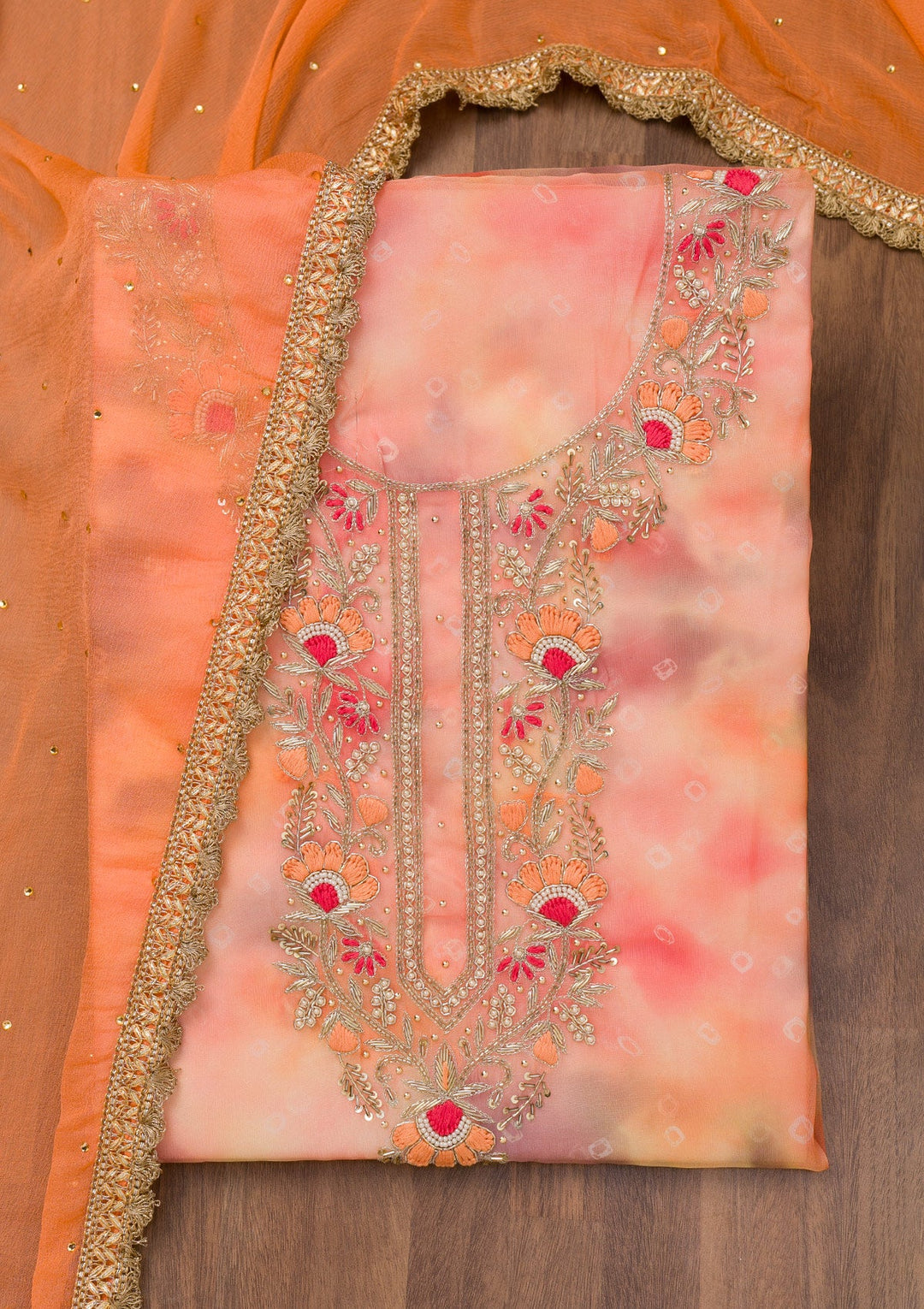 Peach Zariwork Organza Unstitched Salwar Suit-Koskii