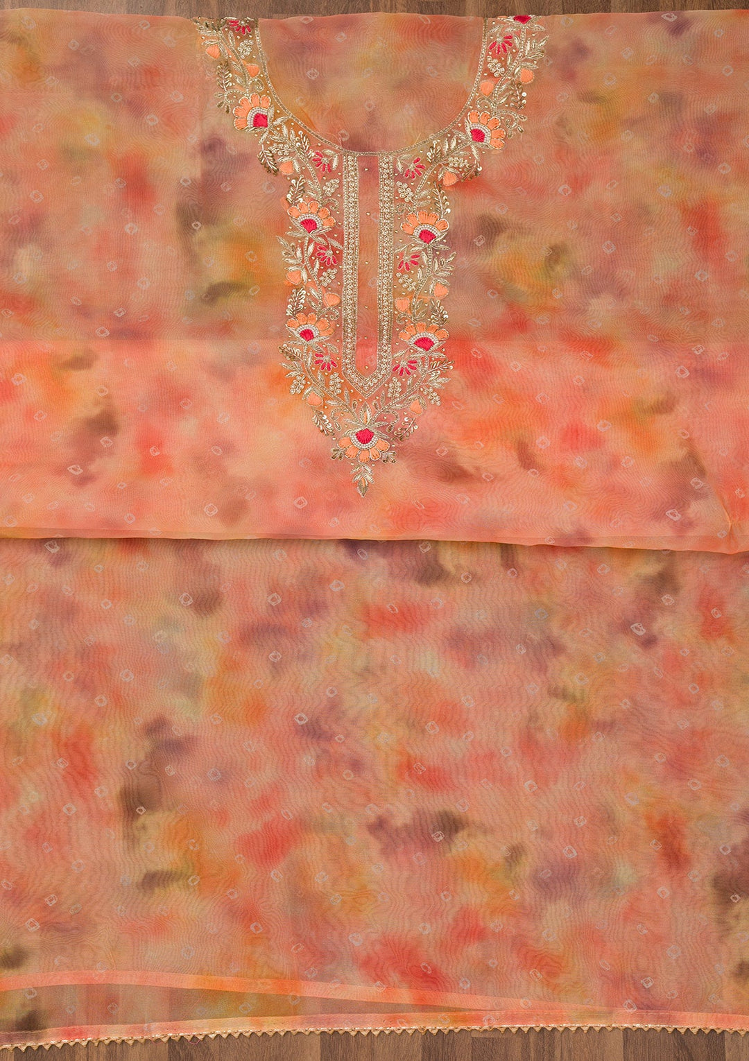 Peach Zariwork Organza Unstitched Salwar Suit-Koskii