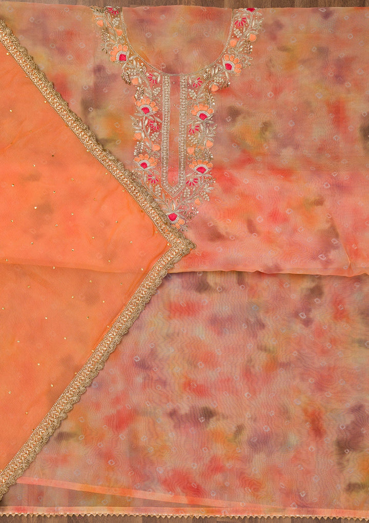 Peach Zariwork Organza Unstitched Salwar Suit-Koskii