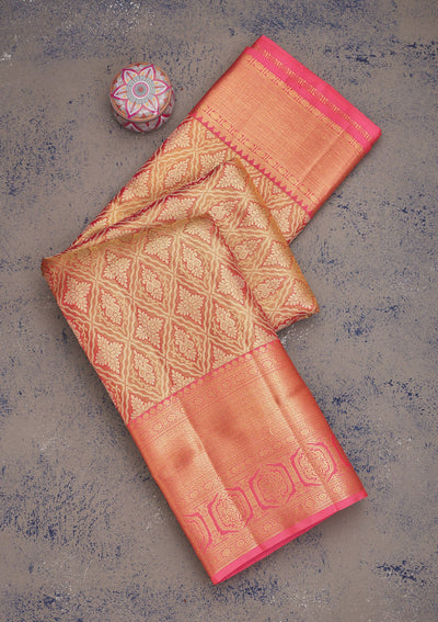 Peach Zariwork Pure Silk Saree-Koskii