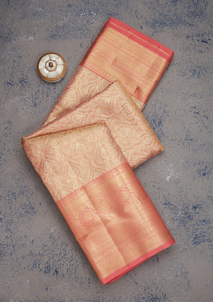 Peach Zariwork Pure Silk Saree-Koskii
