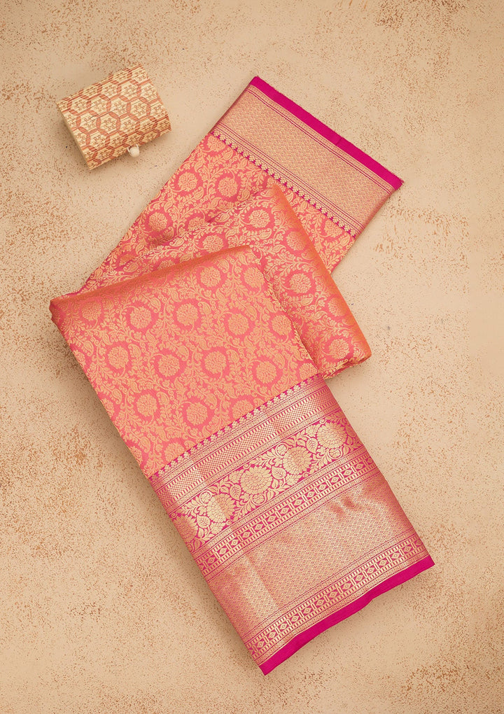 Peach Zariwork Pure Silk Saree-Koskii