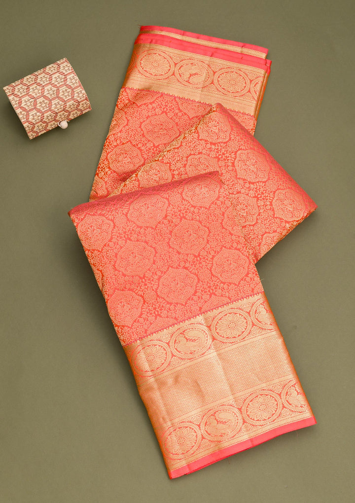 Peach Zariwork Pure Silk Saree-Koskii