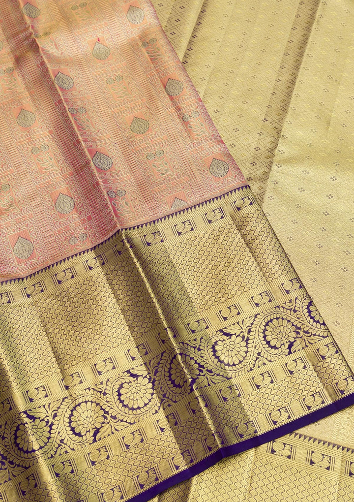 Peach Zariwork Pure Silk Saree-Koskii