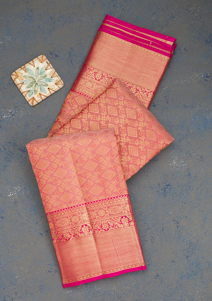 Peach Zariwork Pure Silk Saree-Koskii