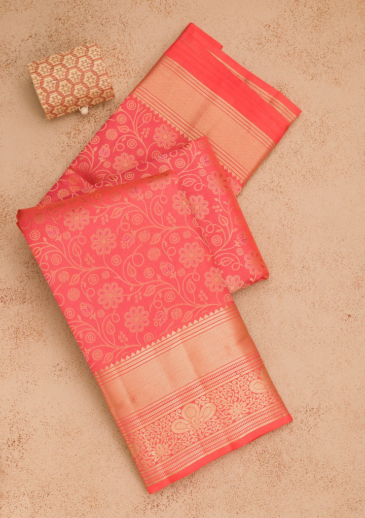 Peach Zariwork Pure Silk Saree-Koskii
