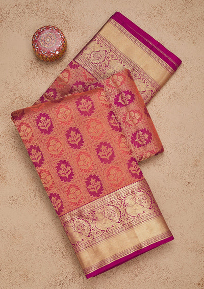 Peach Zariwork Pure Silk Saree-Koskii