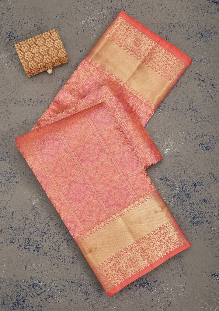 Peach Zariwork Pure Silk Saree-Koskii