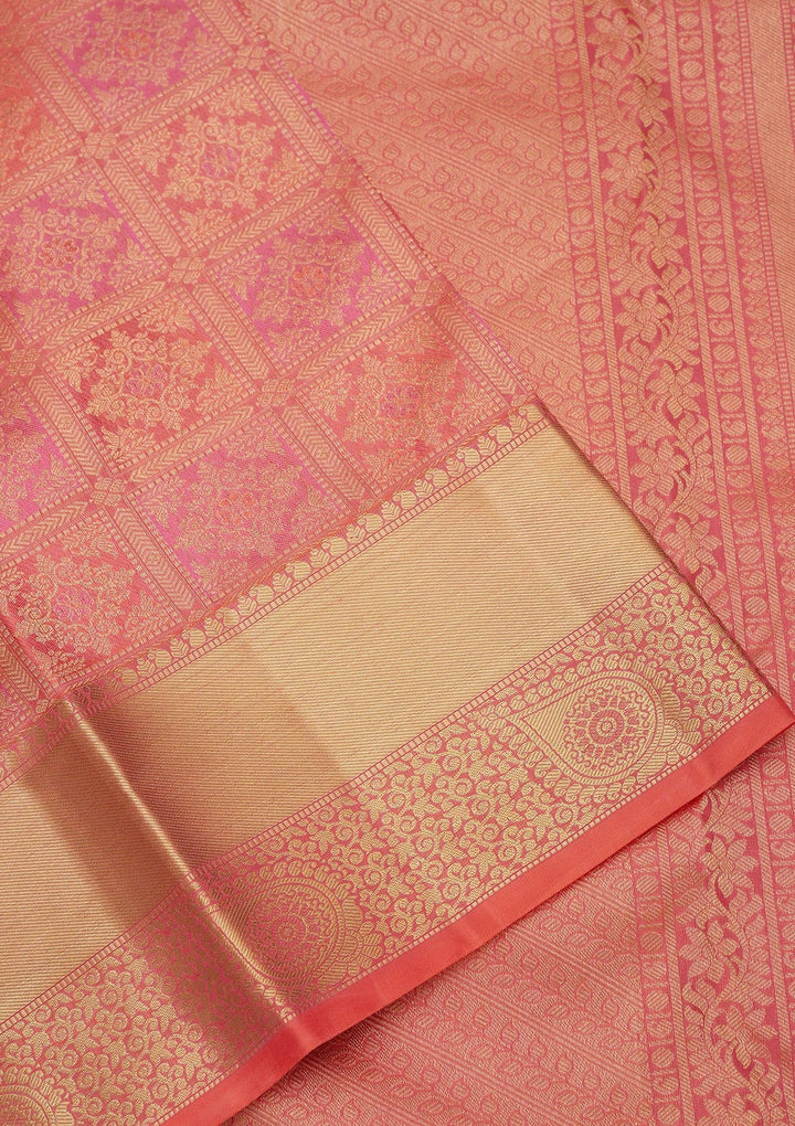 Peach Zariwork Pure Silk Saree-Koskii