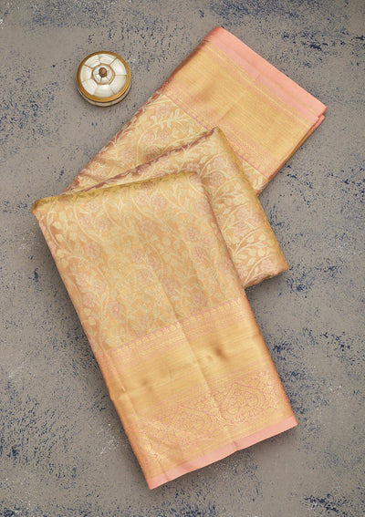 Peach Zariwork Pure Silk Saree-Koskii