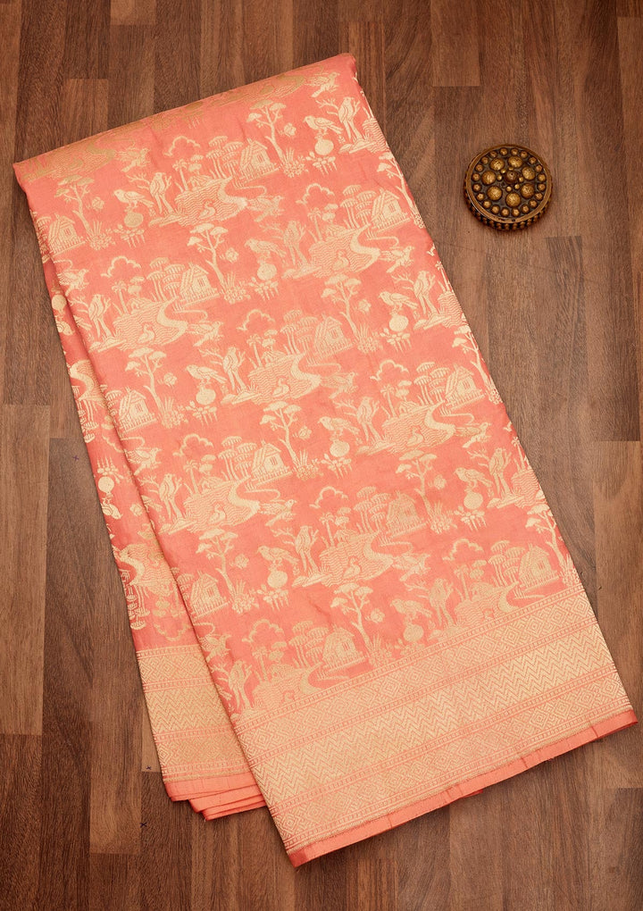 Peach Zariwork Pure Silk Saree-Koskii