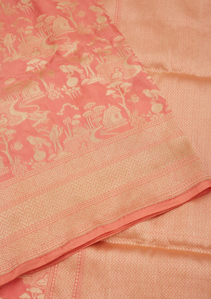 Peach Zariwork Pure Silk Saree-Koskii