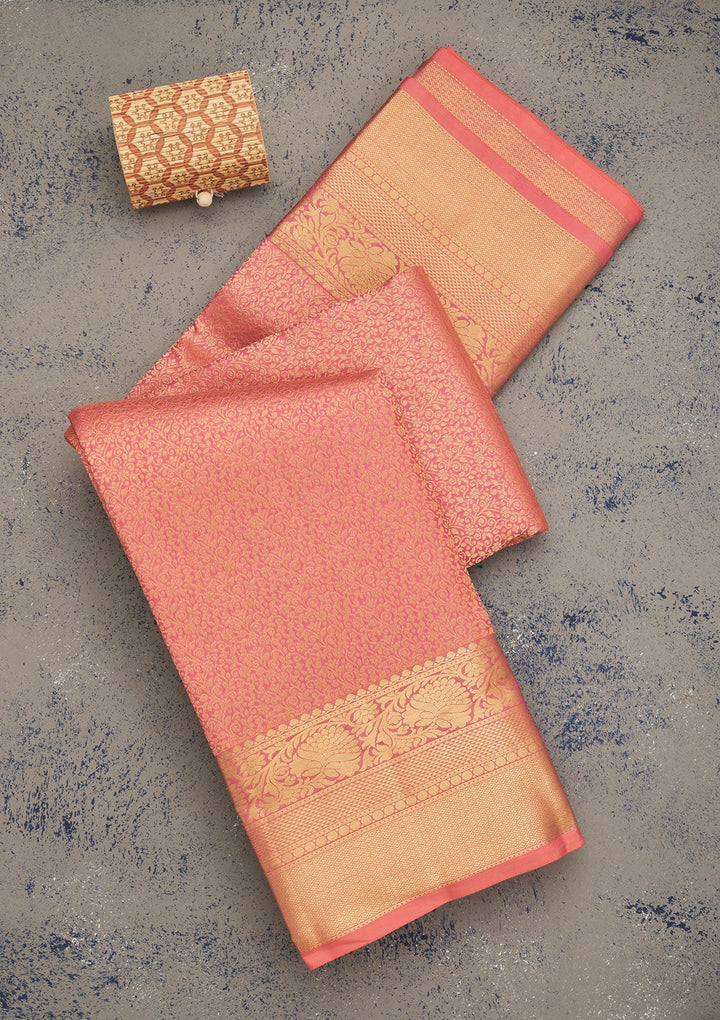 Peach Zariwork Pure Silk Saree-Koskii