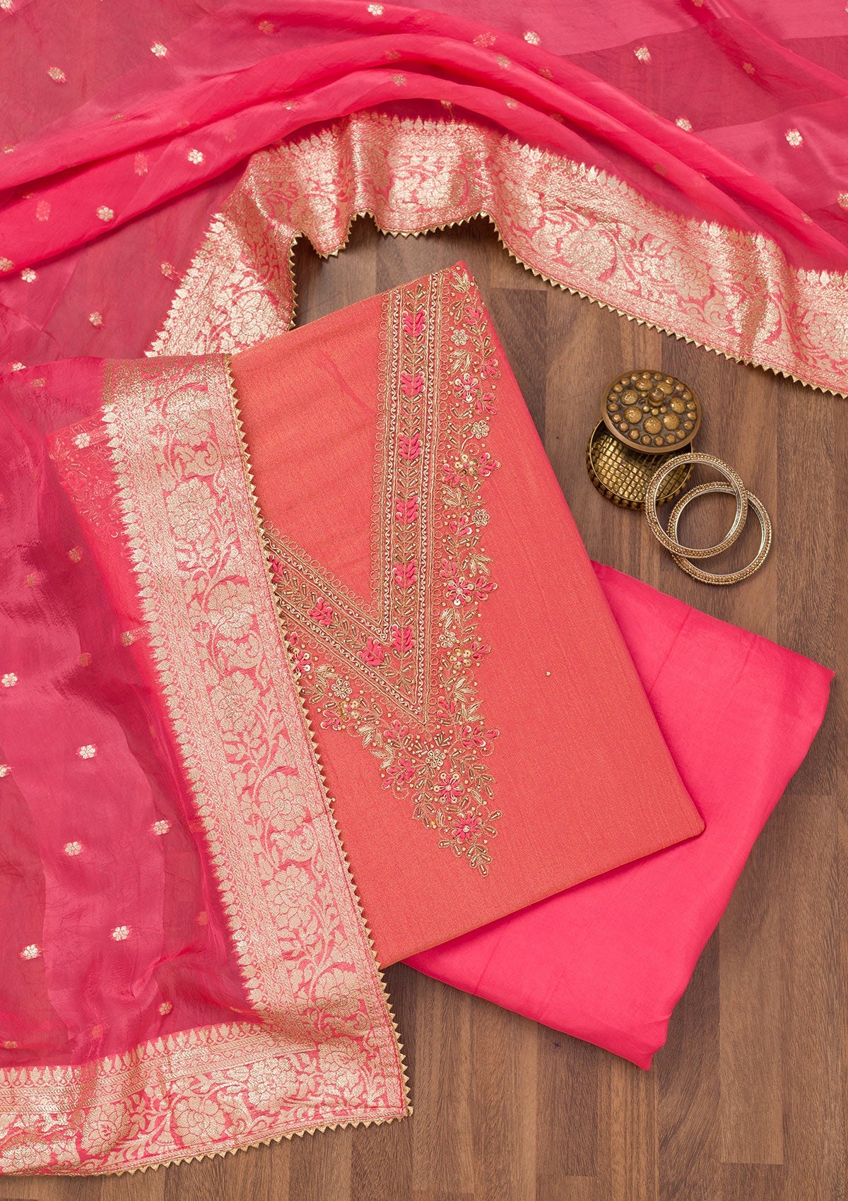 Peach Zariwork Raw Silk Unstitched Salwar Suit-Koskii