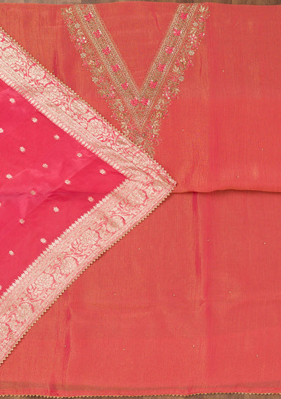 Peach Zariwork Raw Silk Unstitched Salwar Suit-Koskii