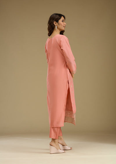 Peach Zariwork Semi Crepe Readymade Salwar Suit-Koskii