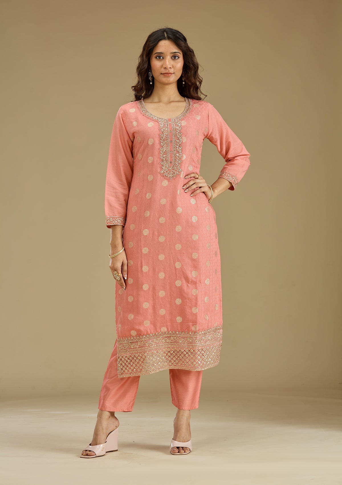 Peach Zariwork Semi Crepe Readymade Salwar Suit-Koskii